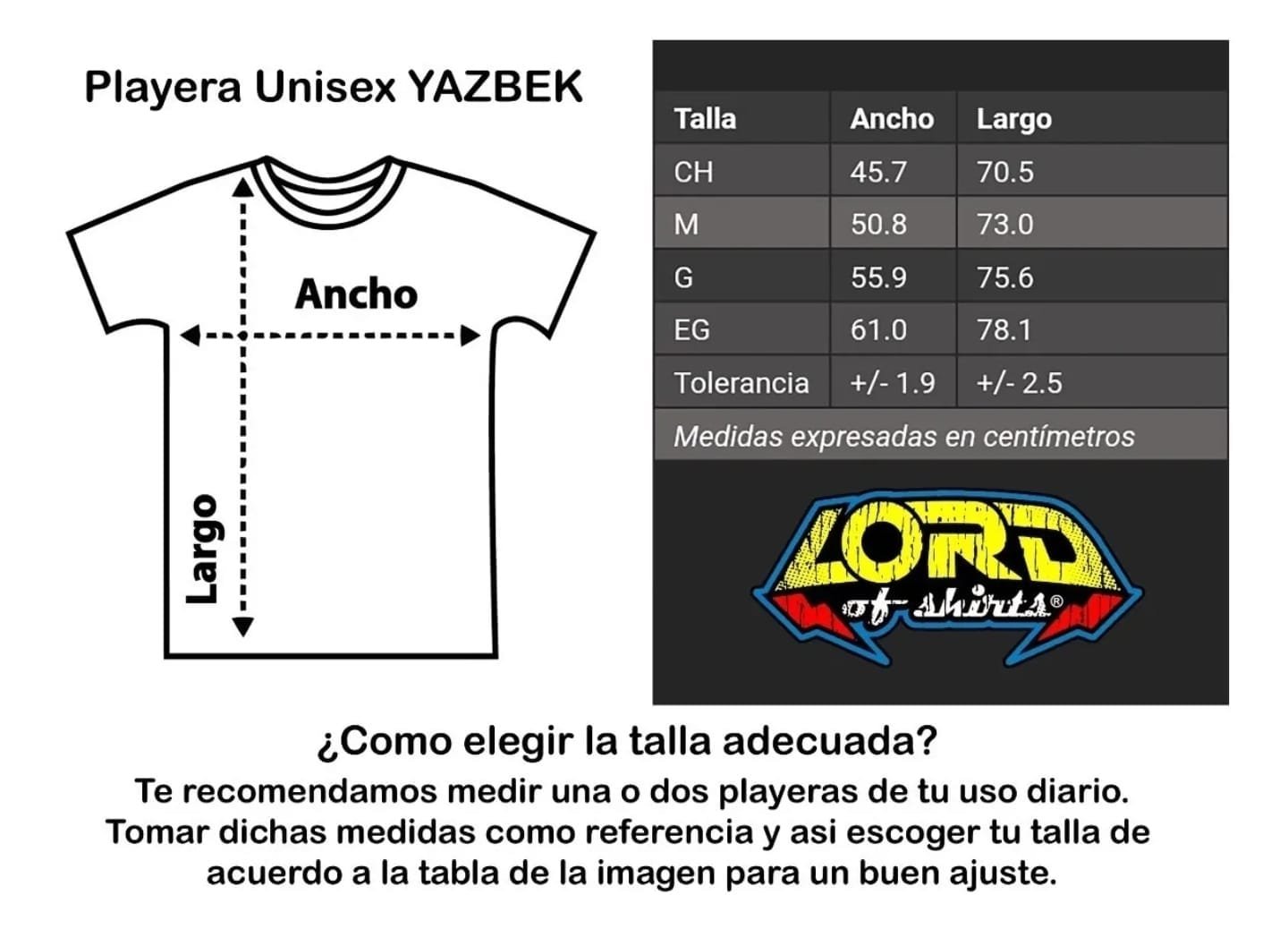 Guia de tallas para playera unisex Yazbek con medidas de ancho y largo en centimetros